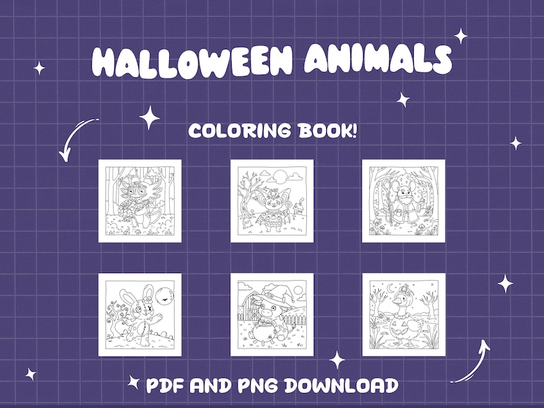 May include: A purple background with the words "HALLOWEEN ANIMALS" and "COLORING BOOK!" in white. The image features six black and white illustrations of Halloween-themed animals. The text "PDF AND PNG DOWNLOAD" is at the bottom.
