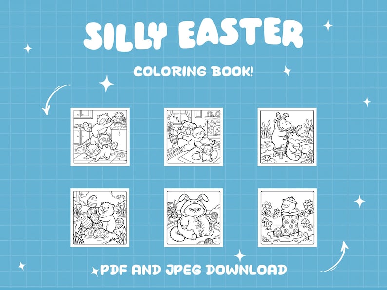 Puede incluir: Un fondo azul con las palabras blancas "SILLY EASTER COLORING BOOK!". La imagen presenta seis ilustraciones en blanco y negro de animales con temas de Pascua. El texto en la parte inferior dice "PDF AND JPEG DOWNLOAD".