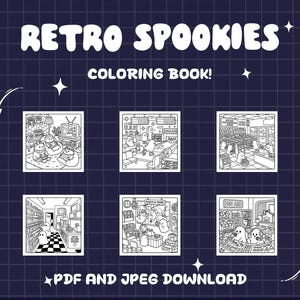 May include: A digital coloring book titled RETRO SPOOKIES COLORING BOOK! featuring six black and white line art illustrations of ghosts in various settings, including a living room, bowling alley, store, library, travel agency, and radio station.