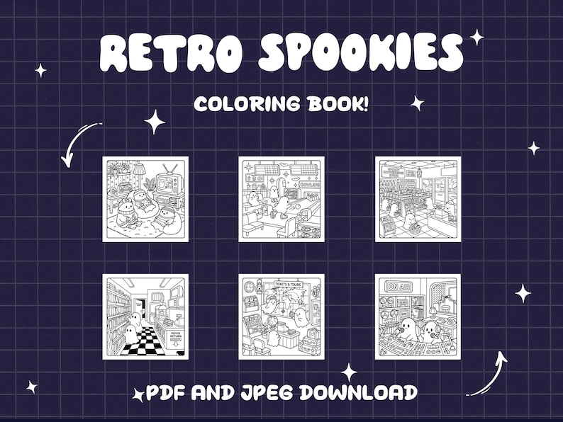 May include: A digital coloring book titled RETRO SPOOKIES COLORING BOOK! featuring six black and white line art illustrations of ghosts in various settings, including a living room, bowling alley, store, library, travel agency, and radio station.