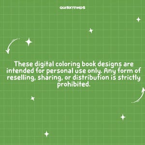 May include: Green background with a grid pattern, white stars, and curved arrows. Text reads: "These digital coloring book designs are intended for personal use only. Any form of reselling, sharing, or distribution is strictly prohibited."