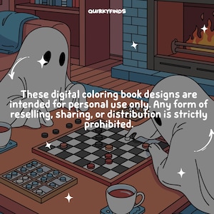 K&ouml;nnte beinhalten: Illustration von zwei Geisterfiguren, die Dame auf einem Holztisch spielen. Im Hintergrund ein Kamin mit brennendem Feuer. Der Text auf dem Bild lautet: "Diese digitalen Malbuchdesigns sind nur f&uuml;r den pers&ouml;nlichen Gebrauch bestimmt."