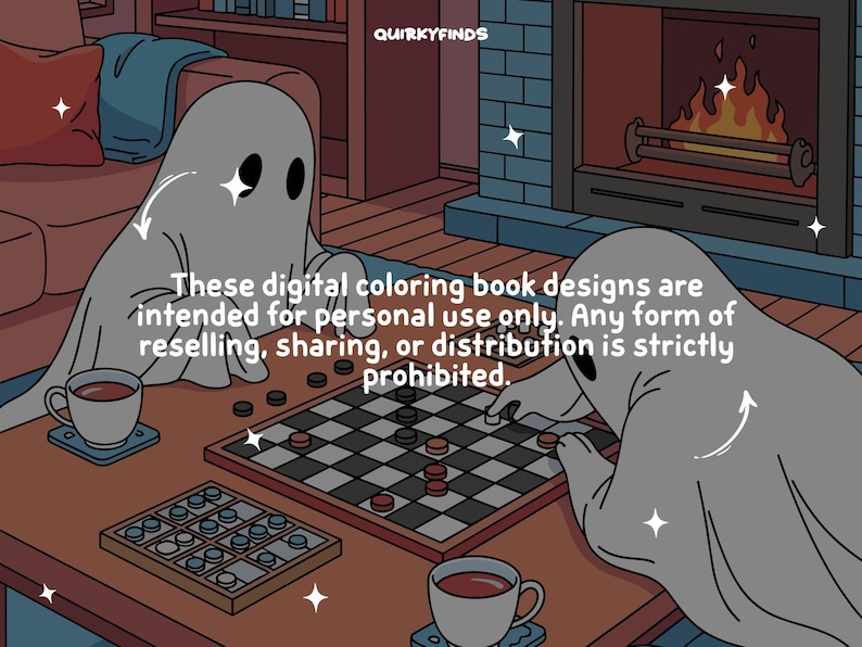 K&ouml;nnte beinhalten: Illustration von zwei Geisterfiguren, die Dame auf einem Holztisch spielen. Im Hintergrund ein Kamin mit brennendem Feuer. Der Text auf dem Bild lautet: "Diese digitalen Malbuchdesigns sind nur f&uuml;r den pers&ouml;nlichen Gebrauch bestimmt."