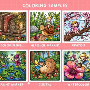 May include: A grid of six square illustrations labeled COLORING SAMPLES. The images depict fantasy scenes with fairies, animals, and nature, showcasing different coloring techniques labeled COLOR PENCIL, ALCOHOL MARKER, CRAYON, PAINT MARKER, DIGITAL, and WATERCOLOR.