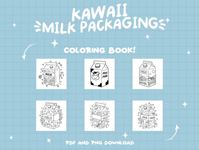May include: Black and white coloring book pages featuring six different kawaii milk carton designs. Each carton has a different design, including a cow, a farm, and stars. The text "Kawaii Milk Packaging Coloring Book!" is at the top of the page.