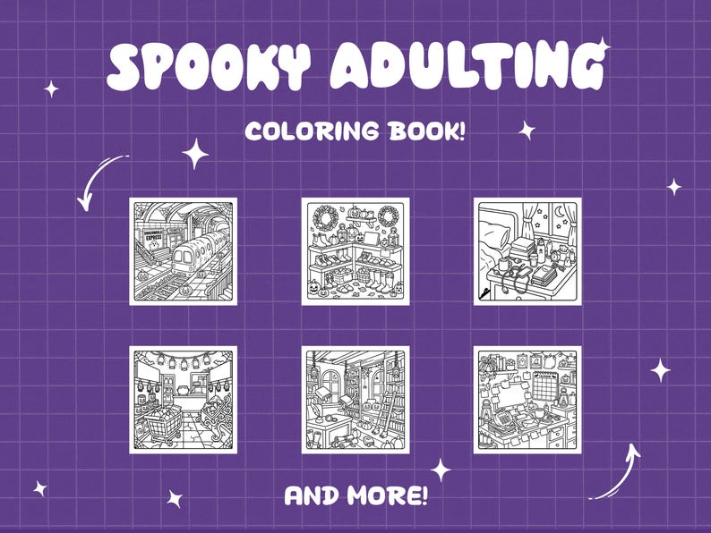Puede incluir: Un libro para colorear morado titulado SPOOKY ADULTING COLORING BOOK! AND MORE! que presenta seis ilustraciones en blanco y negro de varias escenas interiores y exteriores, incluyendo una estaci&oacute;n de metro, un armario, un dormitorio y un escritorio.