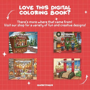 May include: Red background with white grid lines and text: "LOVE THIS DIGITAL COLORING BOOK?" and "There's more where that came from!" Four digital coloring book images are displayed.