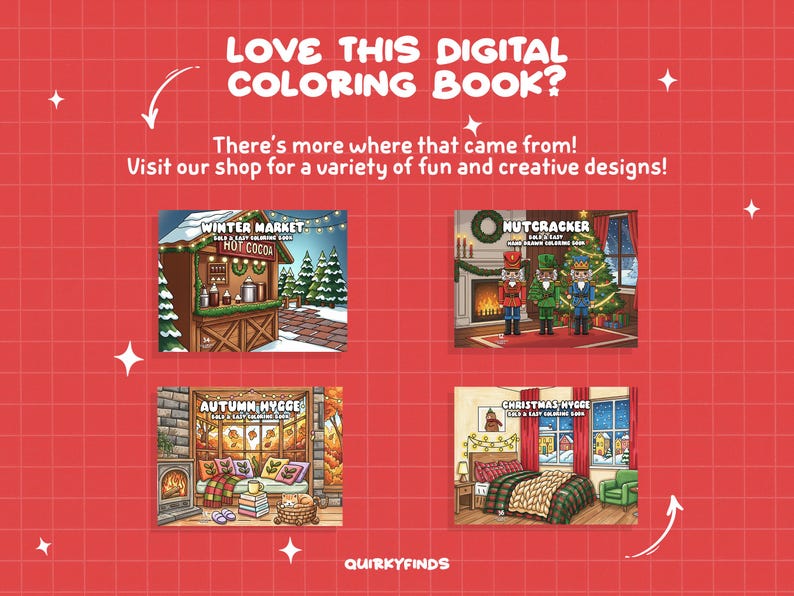 May include: Red background with white grid lines and text: "LOVE THIS DIGITAL COLORING BOOK?" and "There's more where that came from!" Four digital coloring book images are displayed.