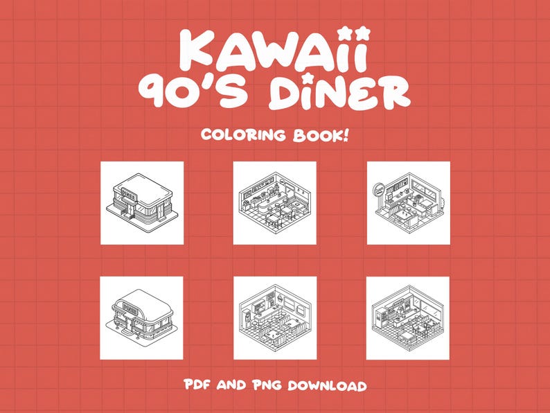 May include: Kawaii 90's Diner Coloring Book! PDF and PNG Download. Six black and white illustrations of a diner exterior and interior.