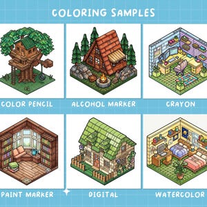K&ouml;nnte beinhalten: Blauer Hintergrund mit Raster und sechs isometrischen Illustrationen von R&auml;umen und Geb&auml;uden. Der Text "COLORING SAMPLES" steht oben. Jede Illustration ist mit einem Malmedium beschriftet: Buntstift, Alkoholmarker, Kreide, Farbmarker, digital und Aquarell.