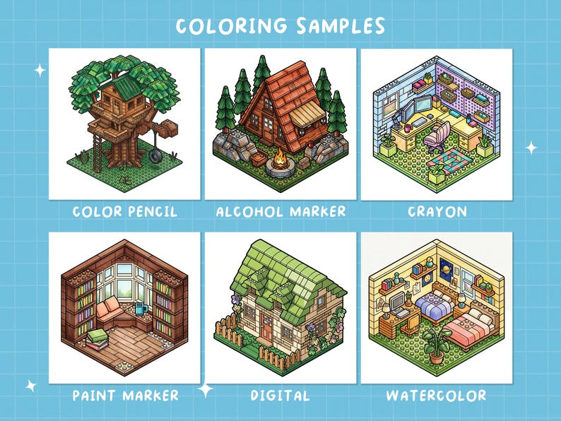 K&ouml;nnte beinhalten: Blauer Hintergrund mit Raster und sechs isometrischen Illustrationen von R&auml;umen und Geb&auml;uden. Der Text "COLORING SAMPLES" steht oben. Jede Illustration ist mit einem Malmedium beschriftet: Buntstift, Alkoholmarker, Kreide, Farbmarker, digital und Aquarell.