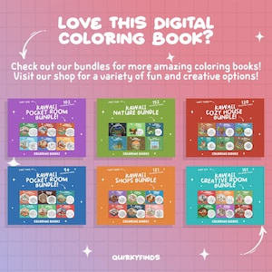 K&ouml;nnte beinhalten: Sechs bunte digitale Malvorlagen-Pakete mit Kawaii-Illustrationen. Jedes Paket bietet ein anderes Thema, darunter ein Zimmer, die Natur, ein gem&uuml;tliches Haus, Gesch&auml;fte und ein kreativer Raum. Die Pakete sind auf der Website von Quirkyfinds erh&auml;ltlich.