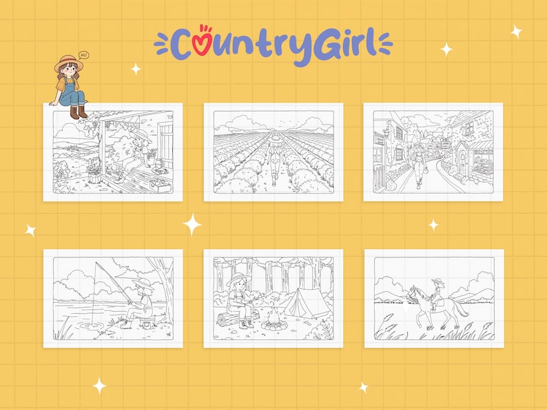 May include: Six black and white coloring pages depicting rural scenes, such as fishing, horse riding, and camping. The title "Country Girl" is in blue and red. A cartoon girl in overalls and a straw hat sits above the images.