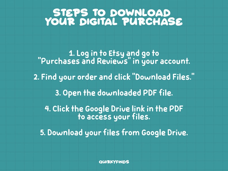 May include: A turquoise blue graphic with white text outlining the steps to download a digital purchase from Etsy. The steps include logging into Etsy, finding your order, clicking "Download Files", opening the PDF file, clicking the Google Drive link, and downloading your files from Google Drive.
