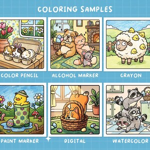 Puede incluir: Una colecci&oacute;n de seis ilustraciones coloridas etiquetadas como "Muestras de coloreado". Cada imagen muestra un estilo de coloreado diferente: l&aacute;piz de color, rotulador de alcohol, cray&oacute;n, rotulador de pintura, digital y acuarela. Las im&aacute;genes presentan animales lindos y elementos tem&aacute;ticos de Pascua.