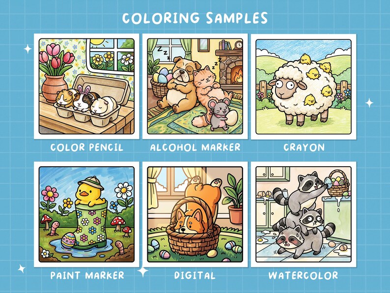 Puede incluir: Una colecci&oacute;n de seis ilustraciones coloridas etiquetadas como "Muestras de coloreado". Cada imagen muestra un estilo de coloreado diferente: l&aacute;piz de color, rotulador de alcohol, cray&oacute;n, rotulador de pintura, digital y acuarela. Las im&aacute;genes presentan animales lindos y elementos tem&aacute;ticos de Pascua.
