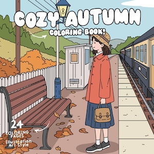 May include: An illustration for a "Cozy Autumn" colouring book, showing a woman on a train platform. The image includes a bench, train tracks, and autumn leaves. The book has 24 pages and an illustration art style.