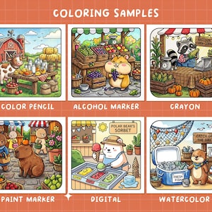 Puede incluir: Ilustraci&oacute;n colorida que muestra seis t&eacute;cnicas de coloreado diferentes: l&aacute;piz de color, rotulador de alcohol, cray&oacute;n, rotulador de pintura, digital y acuarela. Cada t&eacute;cnica se demuestra con una escena de dibujos animados diferente, como una granja y un mercado. El texto "COLORING SAMPLES" est&aacute; en la parte superior.