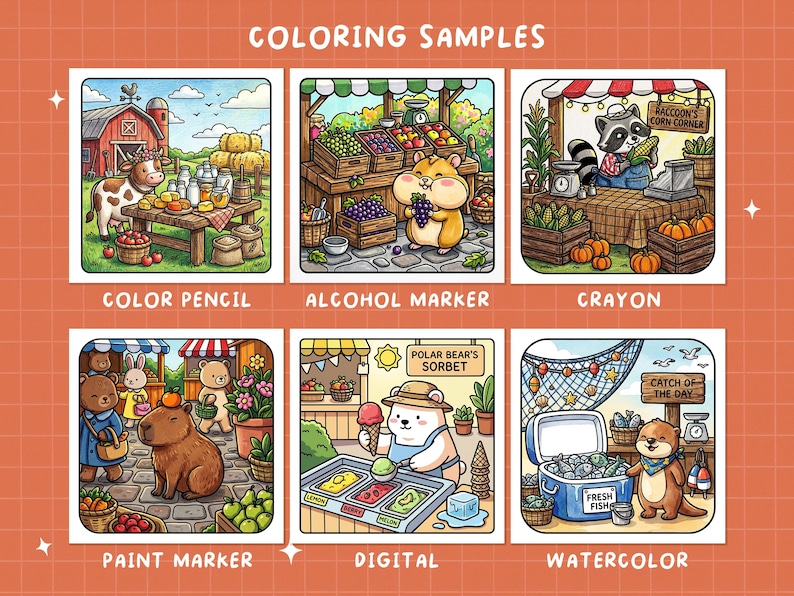 Puede incluir: Ilustraci&oacute;n colorida que muestra seis t&eacute;cnicas de coloreado diferentes: l&aacute;piz de color, rotulador de alcohol, cray&oacute;n, rotulador de pintura, digital y acuarela. Cada t&eacute;cnica se demuestra con una escena de dibujos animados diferente, como una granja y un mercado. El texto "COLORING SAMPLES" est&aacute; en la parte superior.