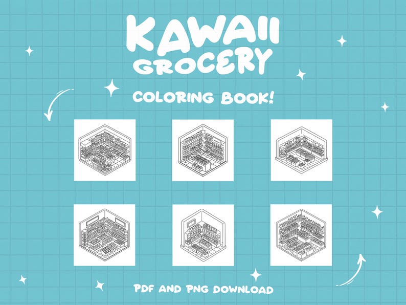 May include: Black and white line art coloring pages of a kawaii grocery store. The pages feature different views of the store, including the front, side, and back. The text "KAWAII GROCERY COLORING BOOK!" is at the top of the image. The text "PDF AND PNG DOWNLOAD" is at the bottom of the image.