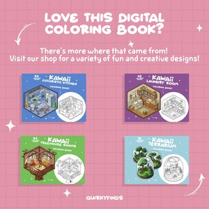 Pu&ograve; includere: Quattro copertine di libri da colorare digitali con illustrazioni kawaii di una cucina futuristica, una lavanderia, una casa sull'albero e un terrario. Ogni copertina ha una versione a colori e una versione in bianco e nero dell'illustrazione. Il testo sulle copertine recita "Kawaii" e il nome della stanza. Il testo "Libro da colorare" &egrave; incluso anche su ogni copertina.