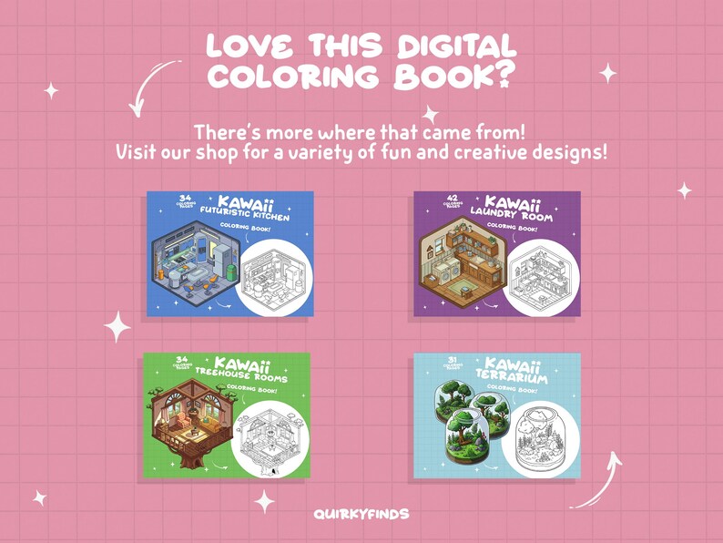 Pu&ograve; includere: Quattro copertine di libri da colorare digitali con illustrazioni kawaii di una cucina futuristica, una lavanderia, una casa sull'albero e un terrario. Ogni copertina ha una versione a colori e una versione in bianco e nero dell'illustrazione. Il testo sulle copertine recita "Kawaii" e il nome della stanza. Il testo "Libro da colorare" &egrave; incluso anche su ogni copertina.