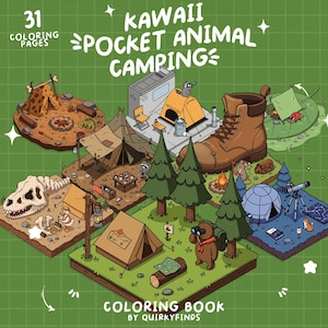 May include: A colorful illustration of a coloring book titled "Kawaii Pocket Animal Camping" with 31 coloring pages. The image features various camping scenes with cute animal characters, tents, and outdoor elements on a green grid background.