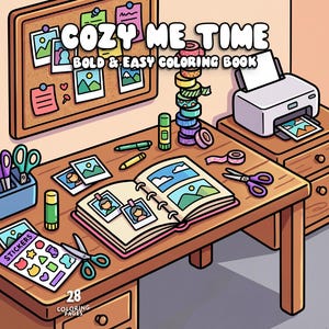 Cozy me time coloring book cover featuring relaxing home scenes and stress relief coloring pages for adults