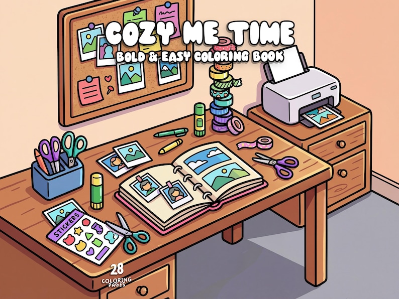 Cozy me time coloring book cover featuring relaxing home scenes and stress relief coloring pages for adults