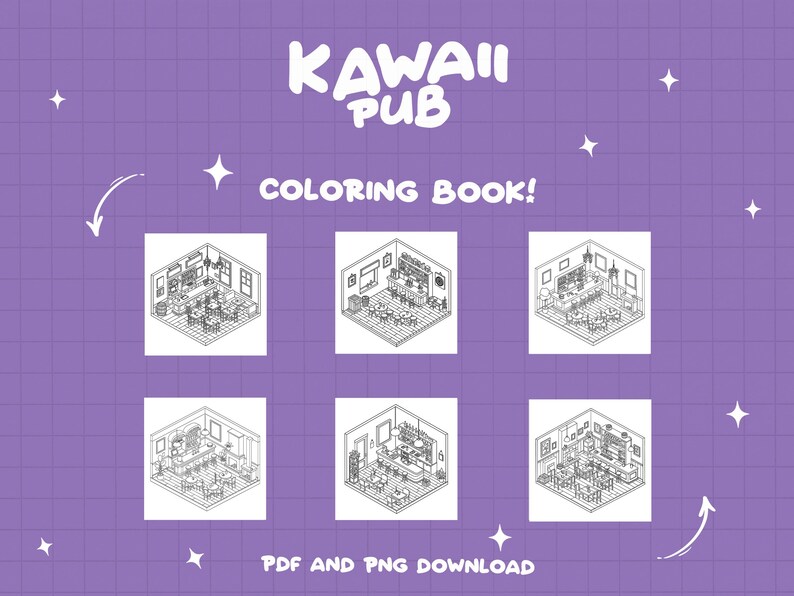 May include: Black and white coloring book pages featuring six different isometric views of a kawaii pub interior. The title of the book is "Kawaii Pub Coloring Book!" with the text "PDF and PNG Download" at the bottom.