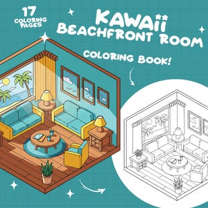 May include: A coloring book page featuring a kawaii beach front room with a window view of palm trees and the ocean. The room has two couches, a coffee table, a lamp, and a plant. The coloring book page is titled "Kawaii Beachfront Room Coloring Book!" and has 17 coloring pages.