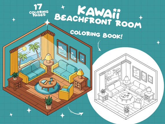Beach Coloring Tropical Pocket Room Coloring Scene Coastal Coloring Sea Tiny House Coloring Sunset Summer Coloring Book Hygge Coloring Pages