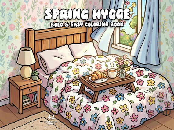 Cozy spring hygge coloring book for adult cute cottagecore coloring springtime bold easy coloring home garden coloring page digital download