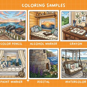 May include: A digital illustration showcasing coloring samples with various techniques. The image features six panels, each depicting a coastal scene with different coloring styles: color pencil, alcohol marker, crayon, paint marker, digital, and watercolor.
