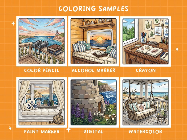 May include: A digital illustration showcasing coloring samples with various techniques. The image features six panels, each depicting a coastal scene with different coloring styles: color pencil, alcohol marker, crayon, paint marker, digital, and watercolor.