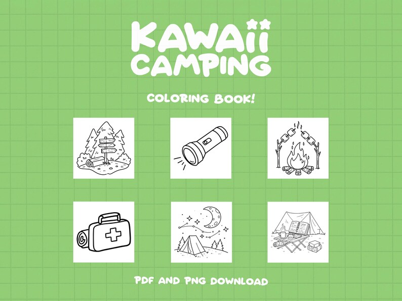 May include: Kawaii Camping Coloring Book! A black and white coloring book with illustrations of camping gear, including a flashlight, a campfire, a first aid kit, a tent, and a signpost.  PDF and PNG download.