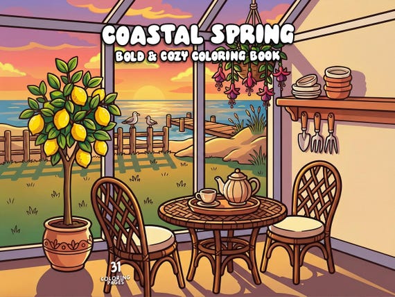 Spring coloring pages beach house coloring ocean cottage coloring hygge scene coloring cozy relaxing coloring book adults printable coloring