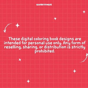 May include: Red background with a grid pattern, white stars, and curved arrows. The text reads: "These digital coloring book designs are intended for personal use only. Any form of reselling, sharing, or distribution is strictly prohibited."