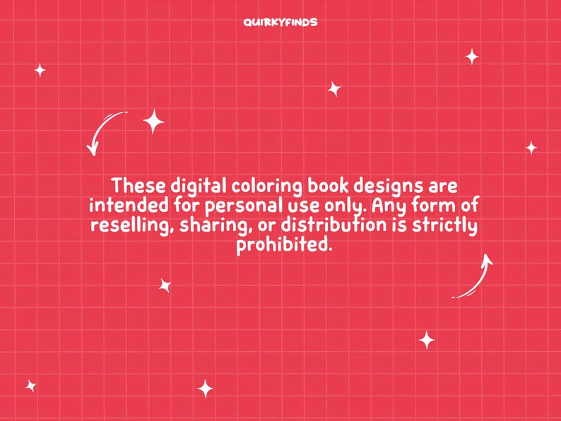 May include: Red background with a grid pattern, white stars, and curved arrows. The text reads: "These digital coloring book designs are intended for personal use only. Any form of reselling, sharing, or distribution is strictly prohibited."