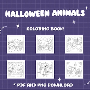 May include: A purple grid background with white text reading "HALLOWEEN ANIMALS" and "COLORING BOOK!". Six black and white illustrations of Halloween animals are shown. The text "PDF AND PNG DOWNLOAD" is at the bottom of the image.