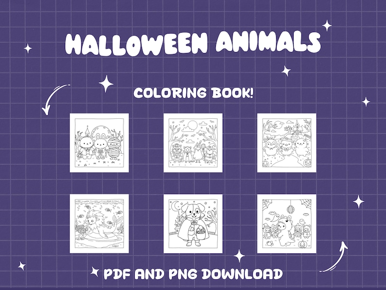 May include: A purple grid background with white text reading "HALLOWEEN ANIMALS" and "COLORING BOOK!". Six black and white illustrations of Halloween animals are shown. The text "PDF AND PNG DOWNLOAD" is at the bottom of the image.