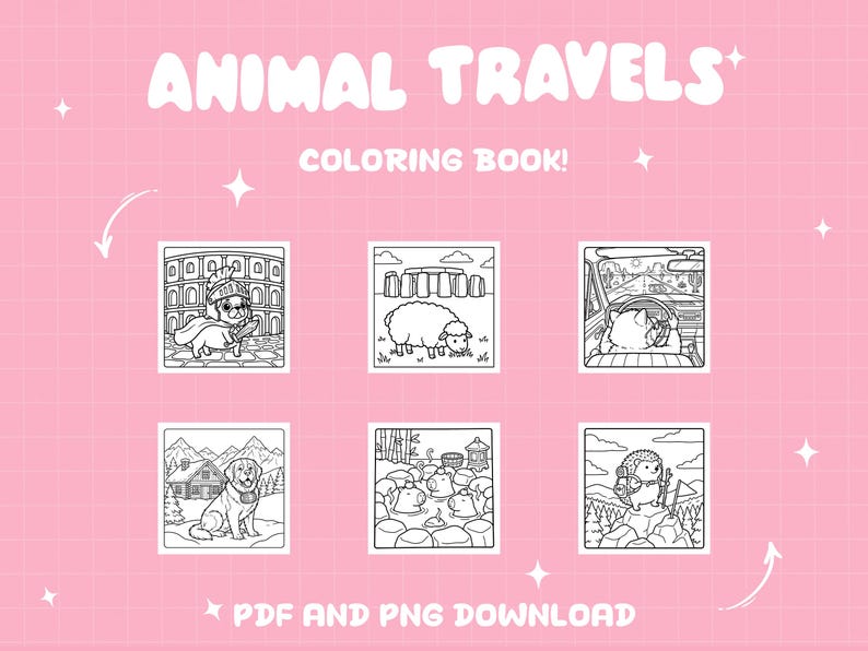 May include: A pink background features the text "ANIMAL TRAVELS" and "COLORING BOOK!" with illustrations of animals in various travel settings. The phrase "PDF AND PNG DOWNLOAD" is also included.