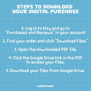 Puede incluir: Fondo azul con cuadr&iacute;cula y texto blanco que detalla los pasos para descargar una compra digital. Las instrucciones incluyen iniciar sesi&oacute;n en Etsy, encontrar el pedido, descargar archivos y acceder a Google Drive. El texto "QUIRKYFINDS" est&aacute; en la parte inferior.