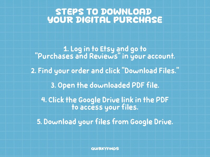 Puede incluir: Fondo azul con cuadr&iacute;cula y texto blanco que detalla los pasos para descargar una compra digital. Las instrucciones incluyen iniciar sesi&oacute;n en Etsy, encontrar el pedido, descargar archivos y acceder a Google Drive. El texto "QUIRKYFINDS" est&aacute; en la parte inferior.