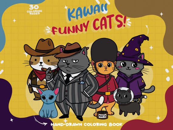 Funny Cats Coloring Cute Cats Coloring Pages Cute Kitten Coloring Pack Kawaii Animals Coloring Book Kitty Coloring Funny Easy Color Pages