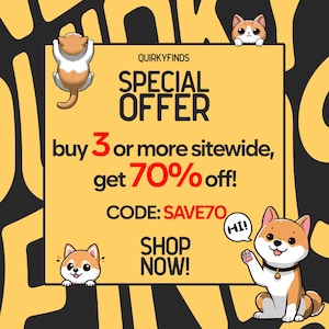 Puede incluir: Un gr&aacute;fico amarillo y negro con un perro y un gato de dibujos animados. El texto dice "QUIRKYFINDS OFERTA ESPECIAL compra 3 o m&aacute;s en todo el sitio, obt&eacute;n un 70% de descuento! C&Oacute;DIGO: SAVE70 &iexcl;COMPRA AHORA! &iexcl;HOLA!"