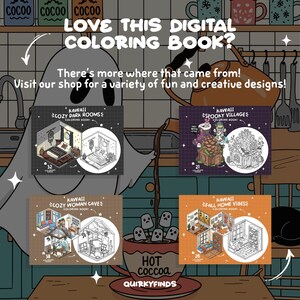K&ouml;nnte beinhalten: Eine Illustration, die digitale Malb&uuml;cher bewirbt. Das Bild zeigt vier Malbuchcover mit Innenszenen, einen Geist und den Text "LOVE THIS DIGITAL COLORING BOOK?" und "Visit our shop for a variety of fun and creative designs!"