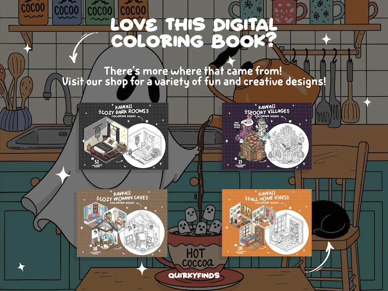 K&ouml;nnte beinhalten: Eine Illustration, die digitale Malb&uuml;cher bewirbt. Das Bild zeigt vier Malbuchcover mit Innenszenen, einen Geist und den Text "LOVE THIS DIGITAL COLORING BOOK?" und "Visit our shop for a variety of fun and creative designs!"