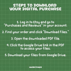 May include: Green background with a grid pattern and white text. The text reads "STEPS TO DOWNLOAD YOUR DIGITAL PURCHASE" followed by numbered instructions on how to download a digital purchase from Etsy. The Quirkyfinds logo is at the bottom.