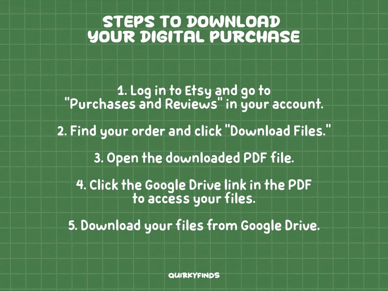 May include: Green background with a grid pattern and white text. The text reads "STEPS TO DOWNLOAD YOUR DIGITAL PURCHASE" followed by numbered instructions on how to download a digital purchase from Etsy. The Quirkyfinds logo is at the bottom.